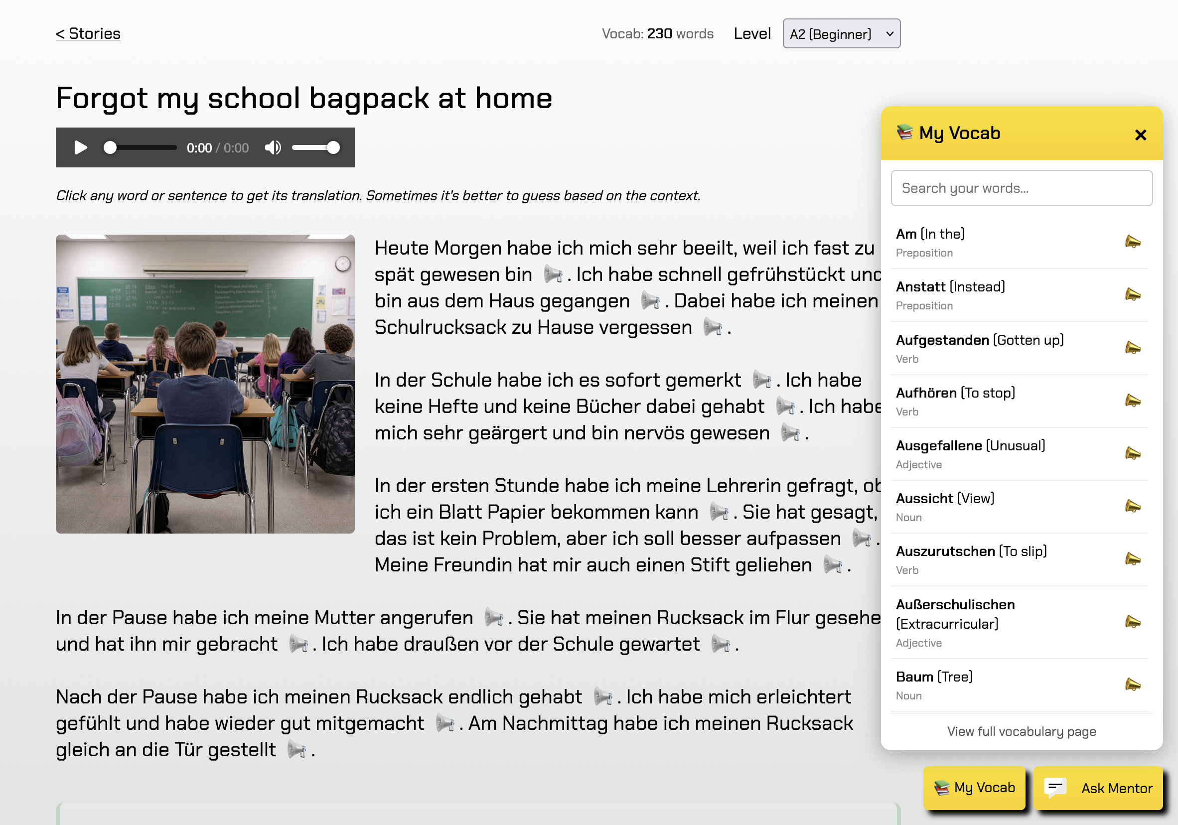 Vocabulary sidebar shown next to a story on Webbu